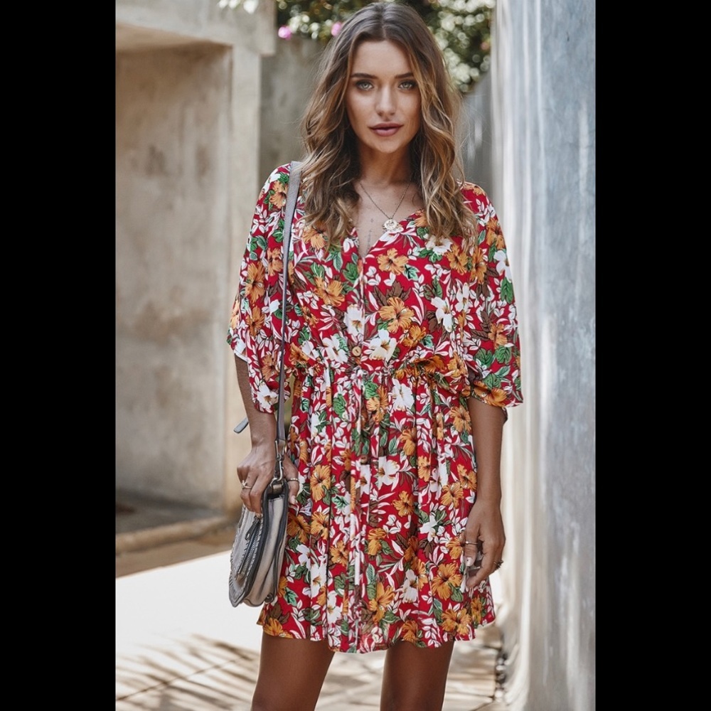 Red v neck, drawstring waist floral print dress.
